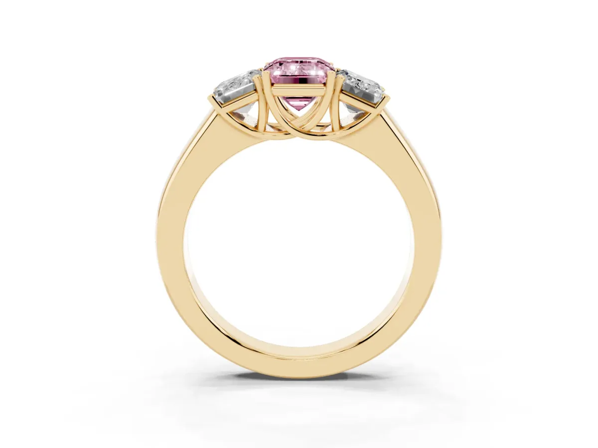 Fancy Pink Three-Stone Emerald Cut Cut Diamond Ring with Prong Setting and Classic Band Yellow gold