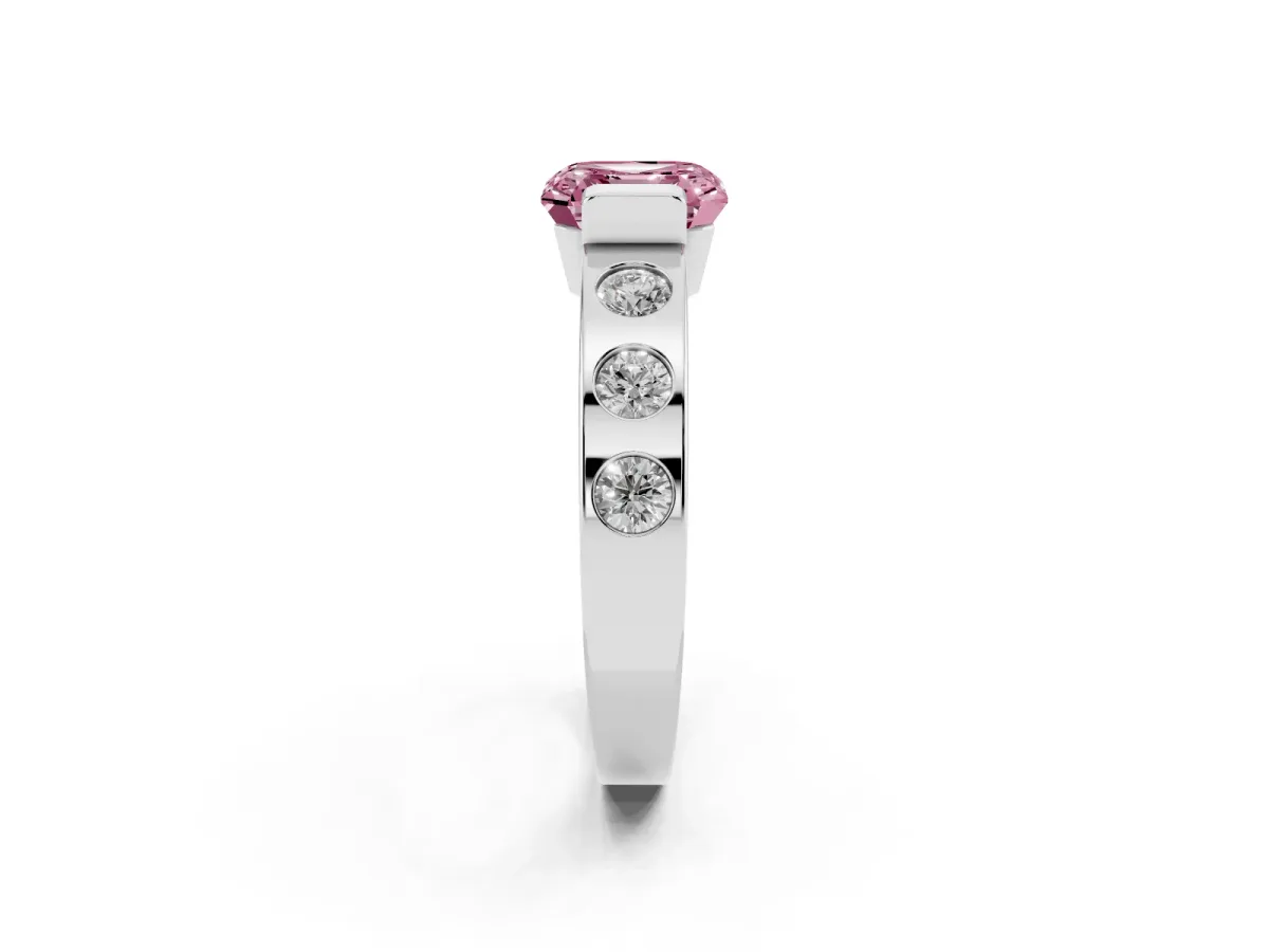 Fancy Pink Asscher Cut Brilliant Channel-Set Diamond Ring with Bezel Prong Setting Silver