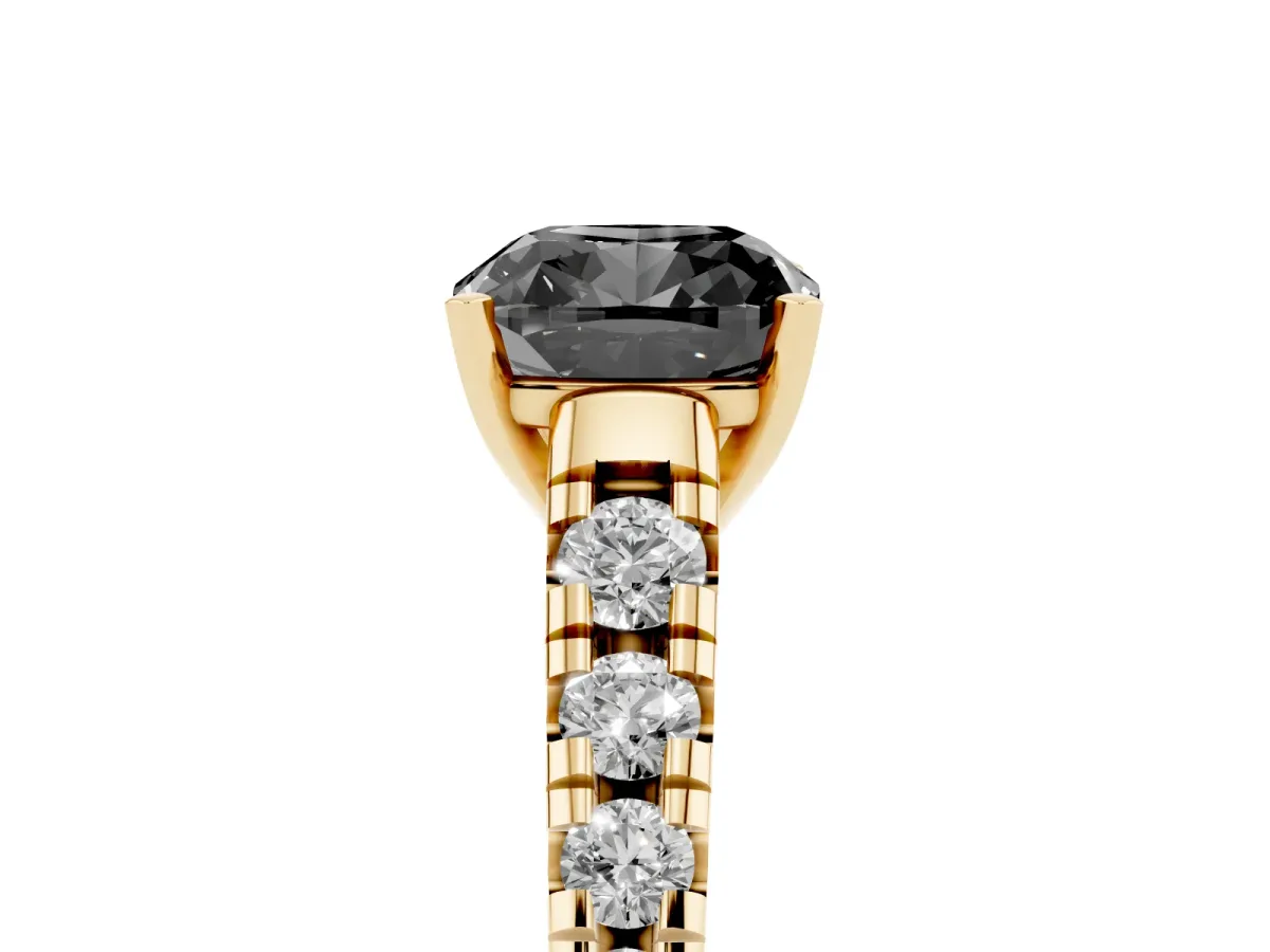 Fancy Black Cushion Cut Diamond Cathedral Solitaire Ring with Round Pavé Band Yellow gold