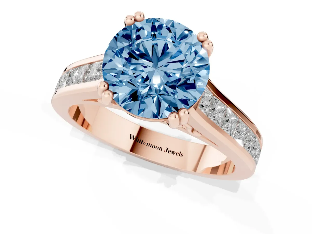 Fancy Blue Round Cut Cut Channel Set Solitaire Engagement Ring with Prong Setting Rose gold
