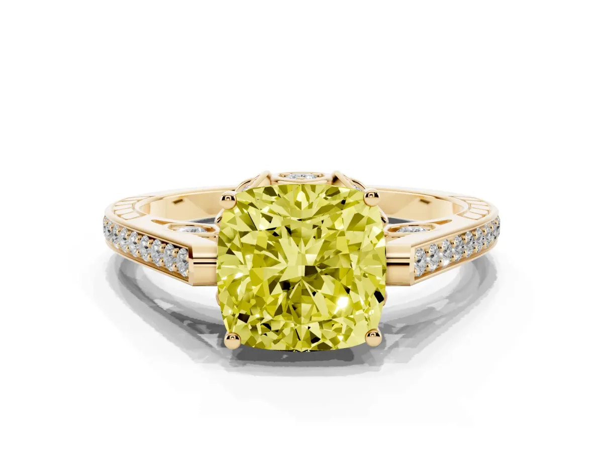 Fancy Yellow Cushion Cut Cut Cathedral Pave Diamond Engagement Ring with Six-Prong Setting Yellow gold