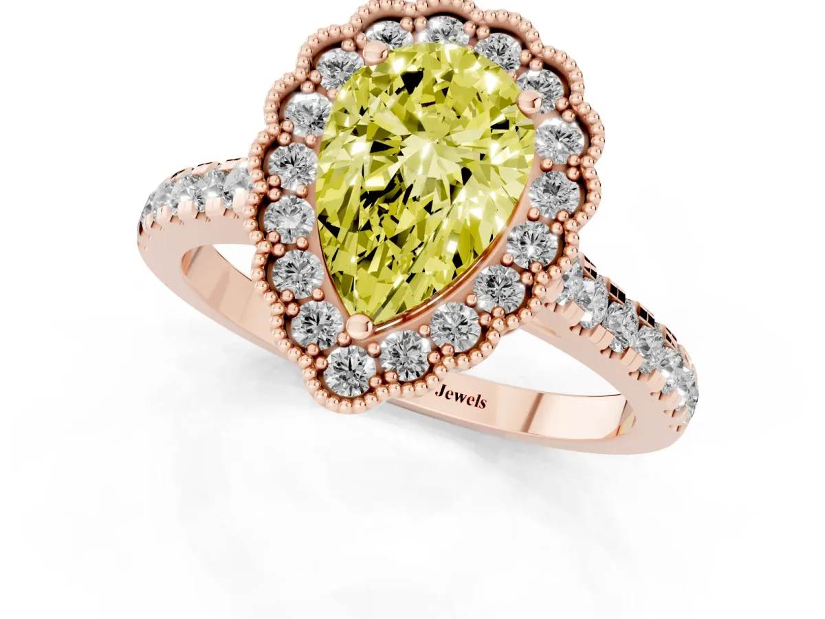 Fancy Yellow Pear Cut Cut Diamond Milgrain Floral Halo Engagement Ring with Pavé Band Rose gold