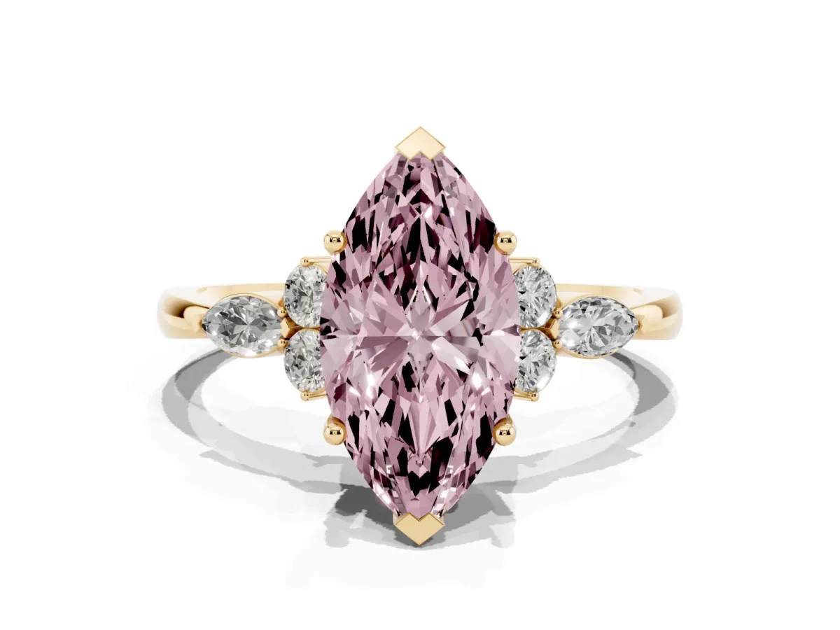 Fancy Pink Marquise Cut Brilliant Diamond Solitaire Ring with Pear Side Stones and Four-Prong Setting Yellow gold