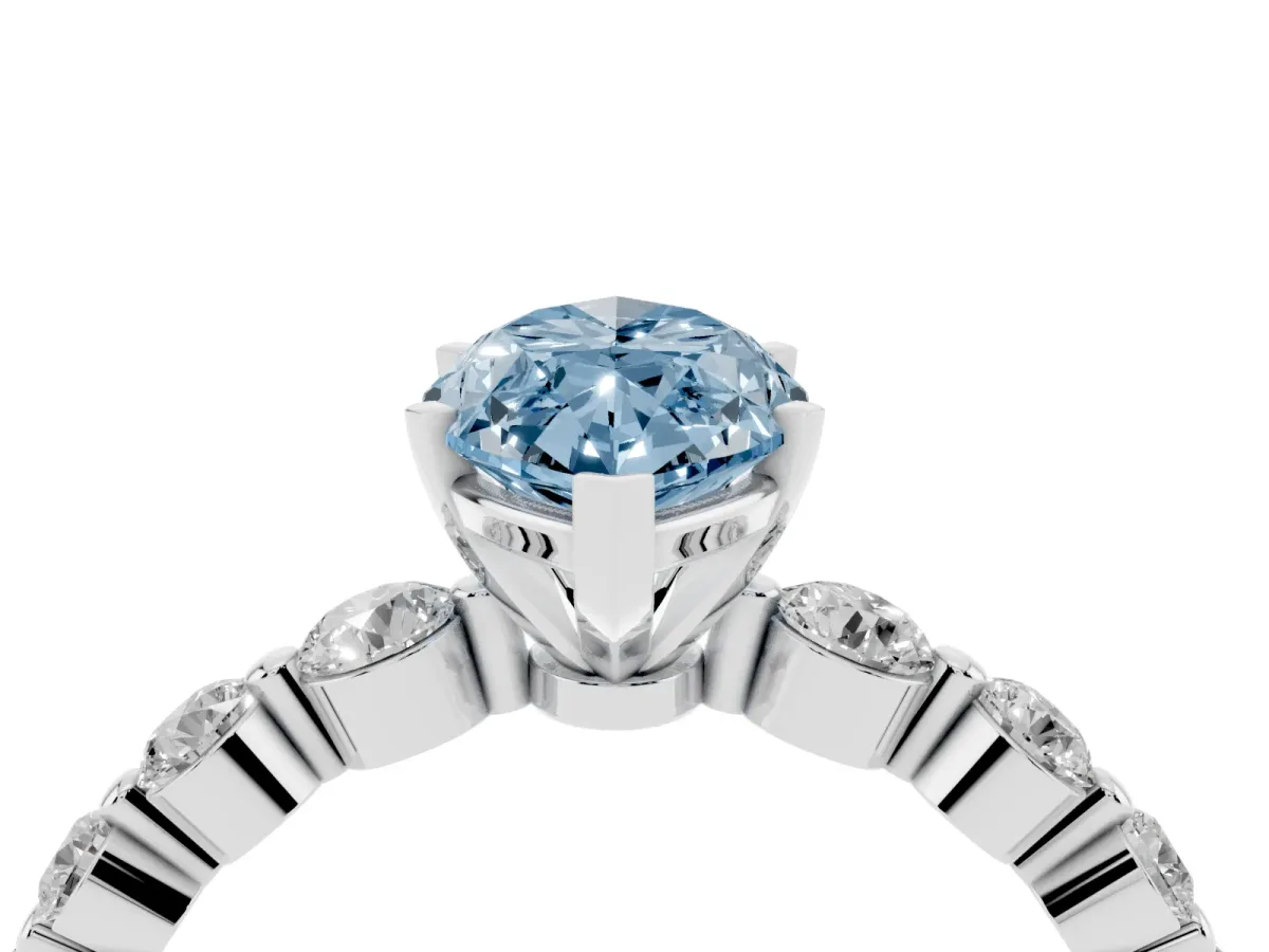 Fancy Blue Marquise Cut Solitaire Diamond Ring with Pave Band and Four-Prong Setting Silver