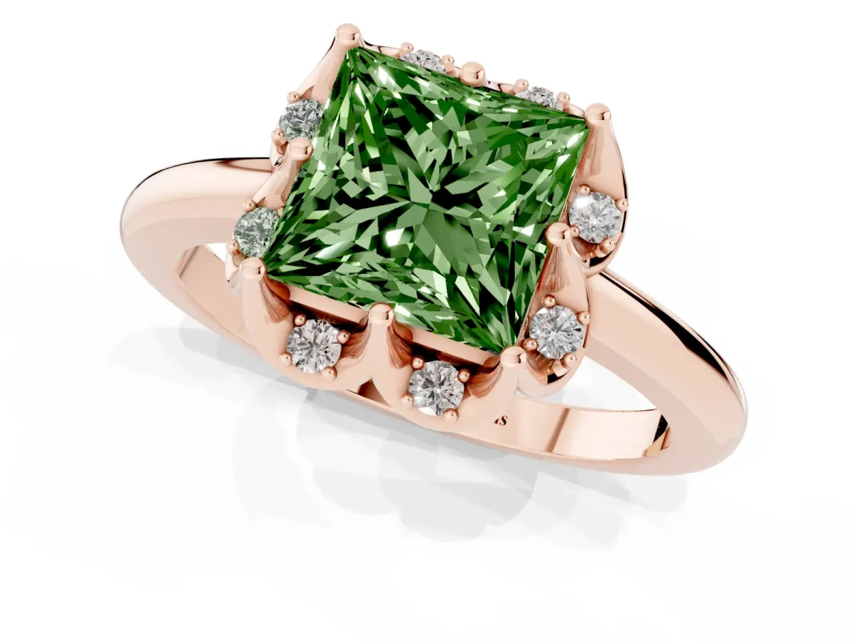 Fancy Green Princess Cut Halo Diamond Ring with Round Cluster Setting, Solitaire Band, and Four-Prong Setting Rose gold