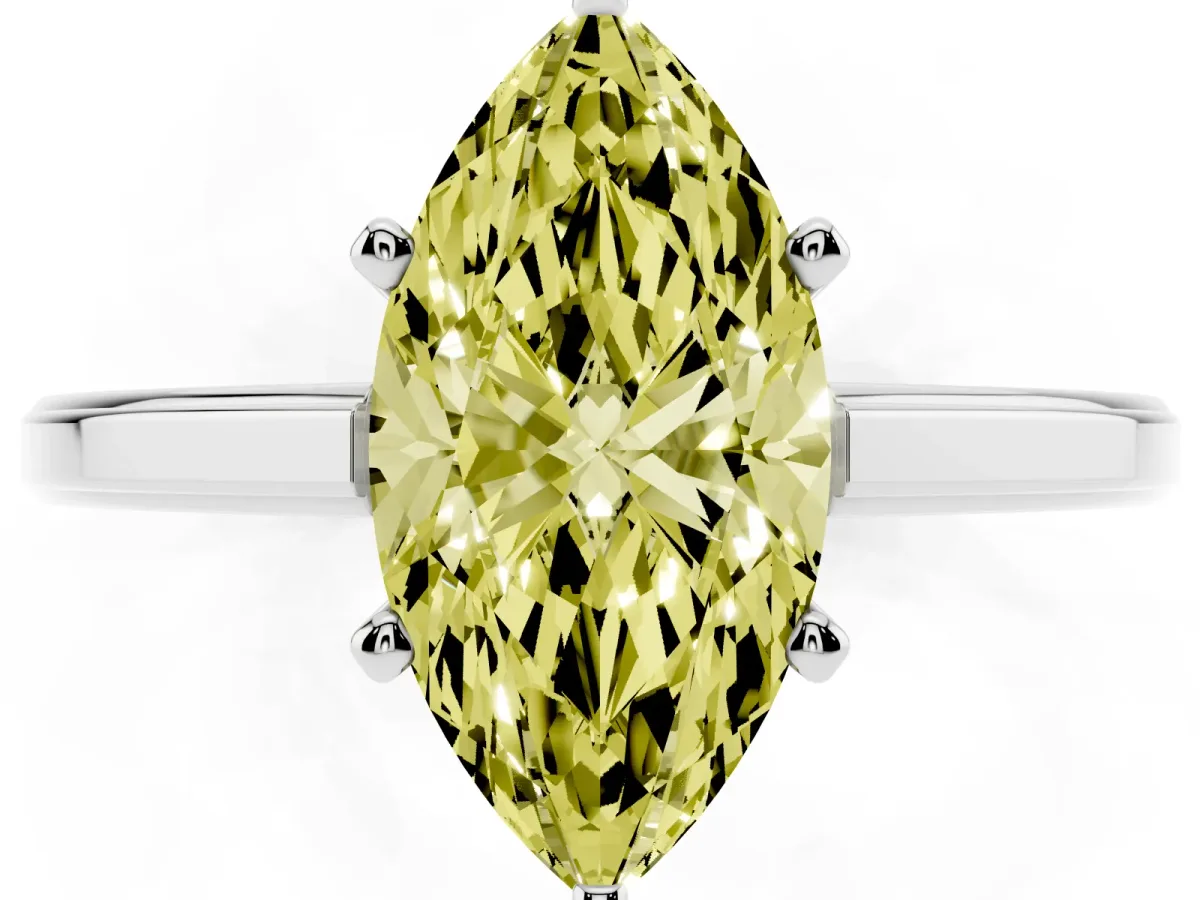 Fancy Yellow Marquise Cut Solitaire Diamond Ring with Four-Prong Setting and Classic Band Platinum