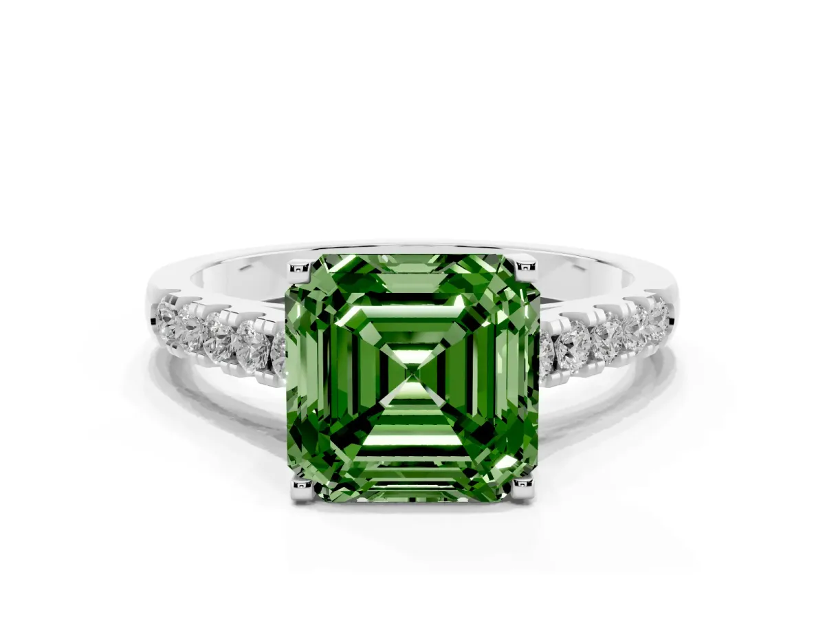 Fancy Green Asscher Cut Diamond Pavé Band Solitaire Ring with Prong Setting Platinum