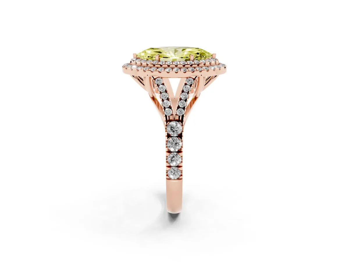 Fancy Yellow Marquise Cut Diamond Pavé Split Shank Double Halo Engagement Ring Rose gold