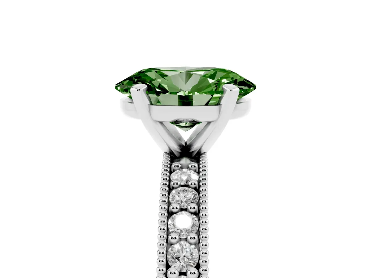 Fancy Green Oval Cut Diamond Milgrain Pavé Engagement Ring with Four-Prong Setting Silver