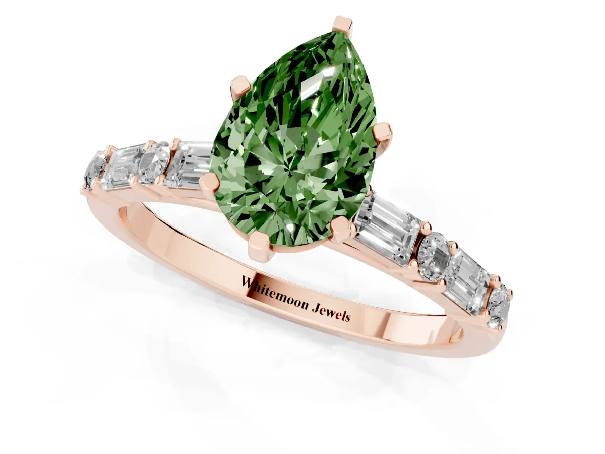 Fancy Green Pear Cut Diamond Solitaire with Side Baguettes and Channel Set Band Rose gold