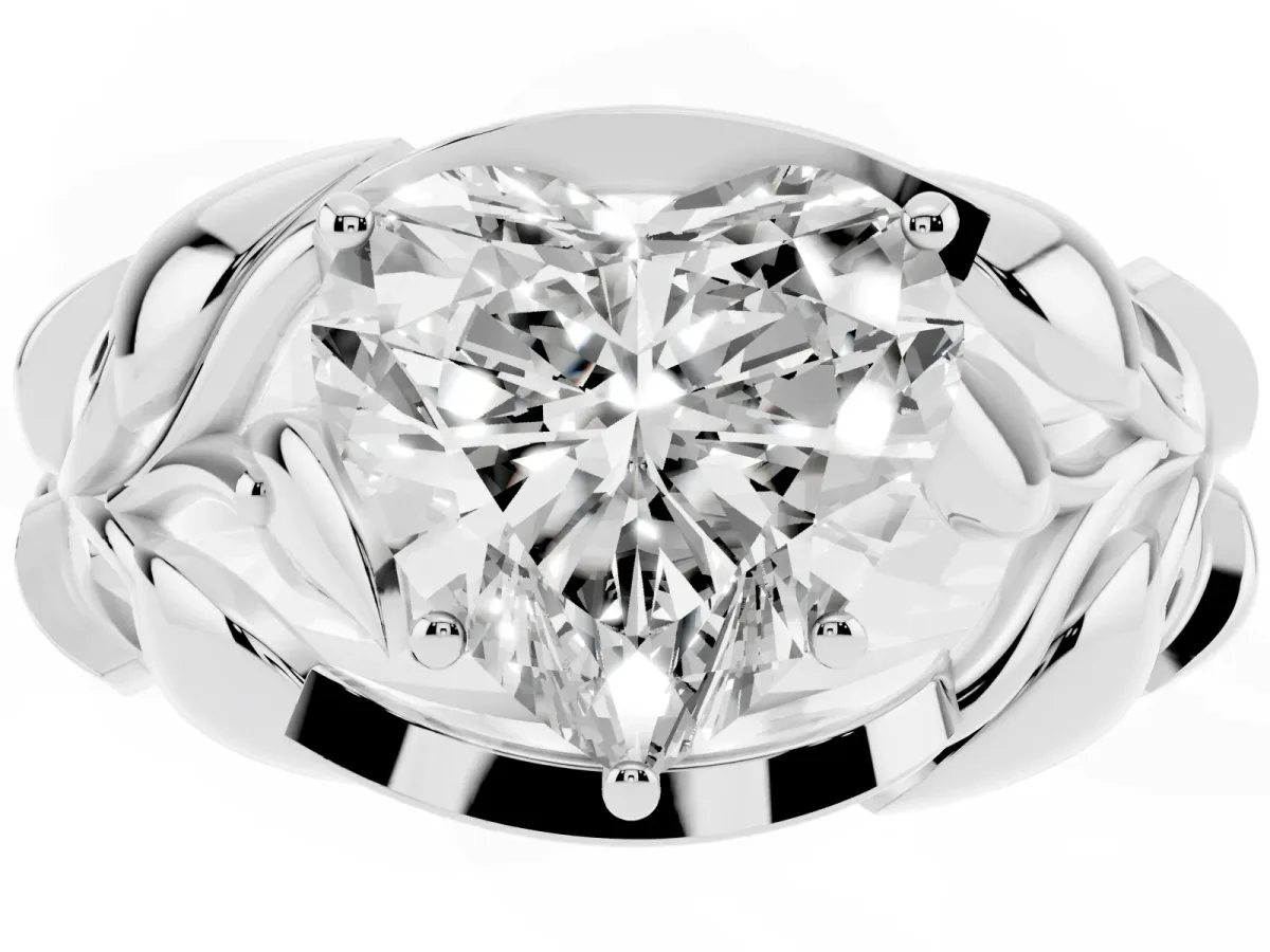 Heart Cut Diamond Leaf-Inspired Engagement Ring with Round Accents and Prong Setting Silver