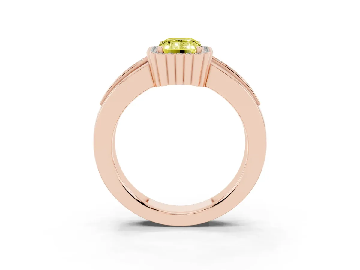 Fancy Yellow Emerald Cut Cut Halo Pave Band Four-Prong Ring Rose gold