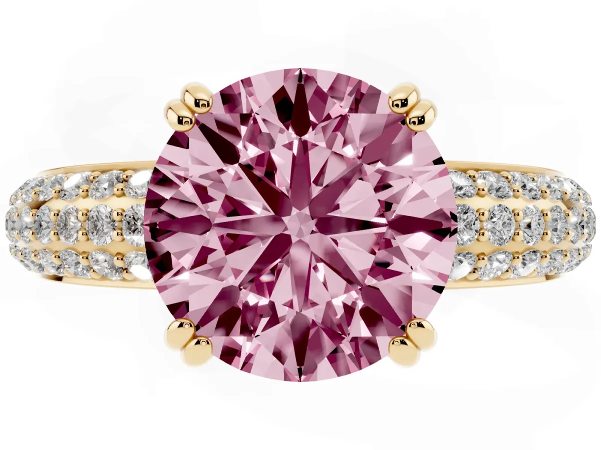 Fancy Pink Round Cut Diamond Solitaire Ring with Multi-Row Round Pavé Band and Prong Setting Yellow gold