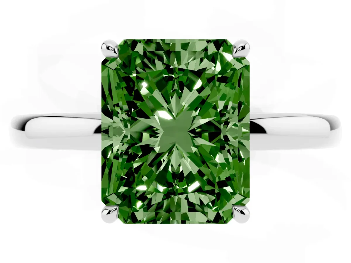 Fancy Green Radiant Cut Solitaire Engagement Ring with Cathedral Band and Four-Prong Setting Silver