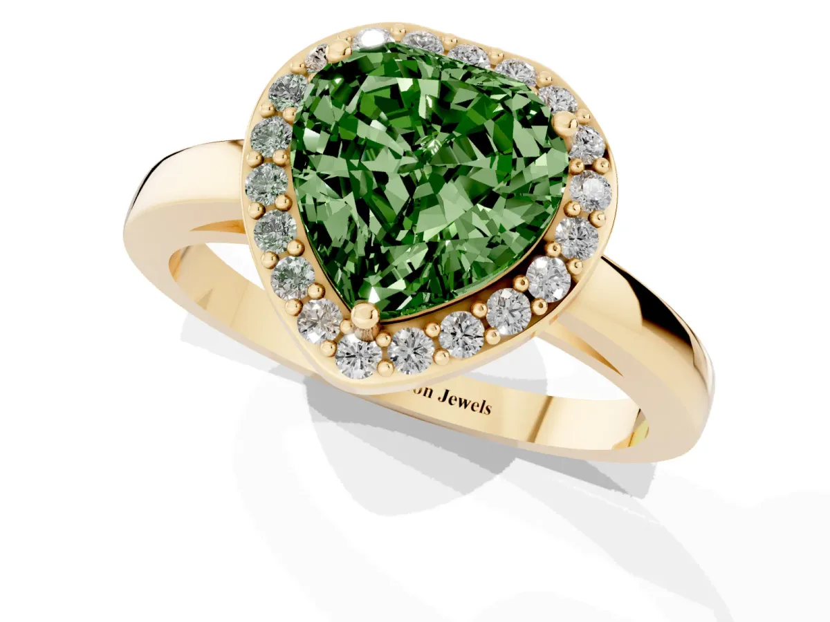 Fancy Green Heart Cut Halo Diamond Ring with Solitaire Band and Prong Setting Yellow gold