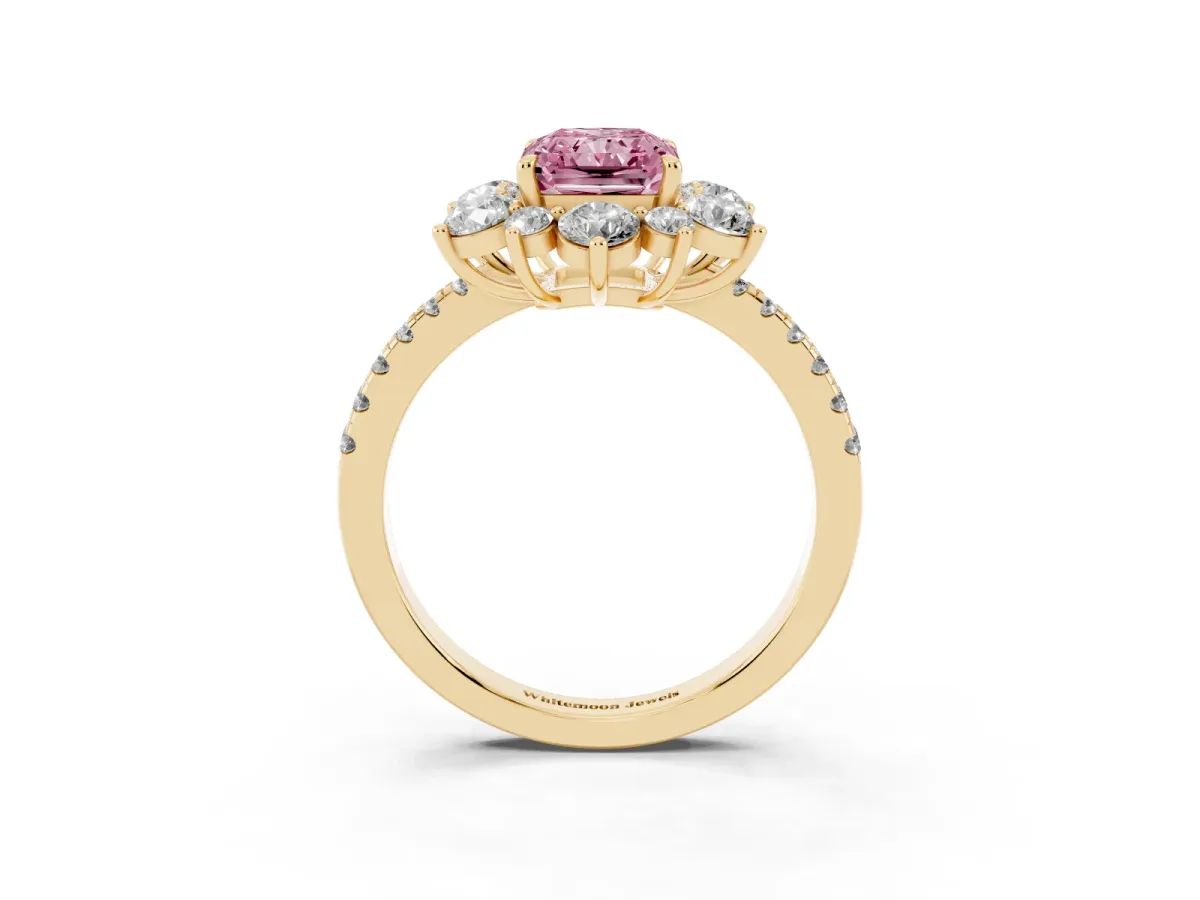 Fancy Pink Radiant Cut Diamond Floral Halo Ring with Round Pavé Band and Prong Setting Yellow gold