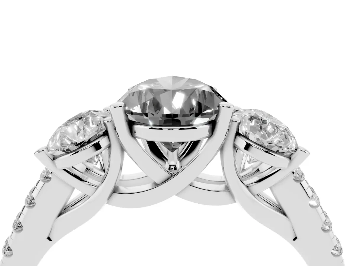 Fancy Black Three-Stone Pear Cut Diamond Ring with Round Pavé Band and Prong Setting Silver