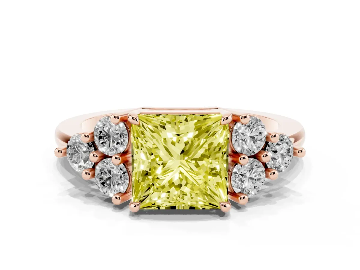 Fancy Yellow Princess Cut Brilliant Diamond Cluster Accent Solitaire Ring with Prong Setting Rose gold