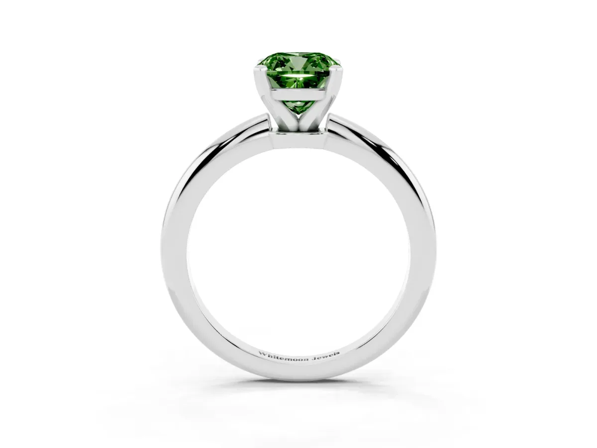 Fancy Green Cushion Cut Diamond Solitaire Ring with Prong Setting and Classic Band Silver
