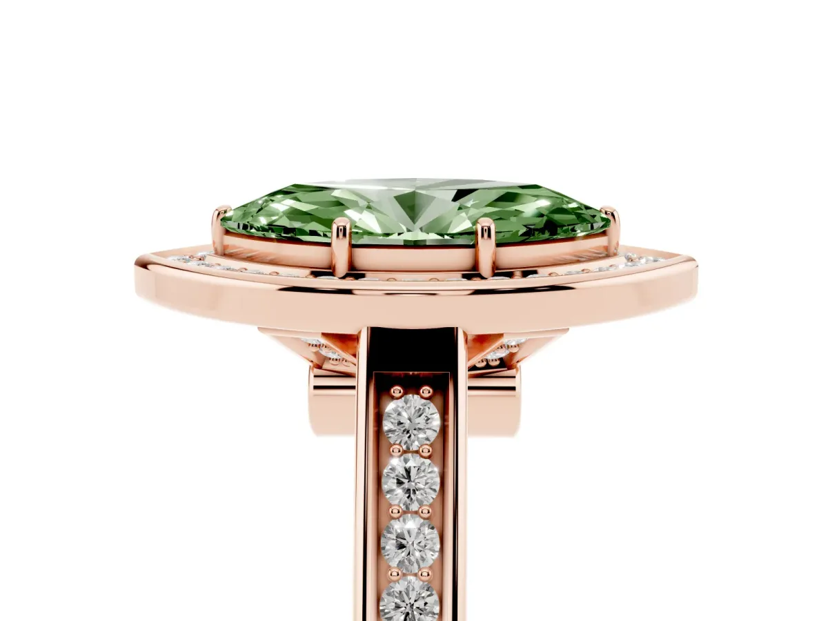 Fancy Green Marquise Cut Halo Solitaire Diamond Ring with Pave Band and Bezel Setting Rose gold