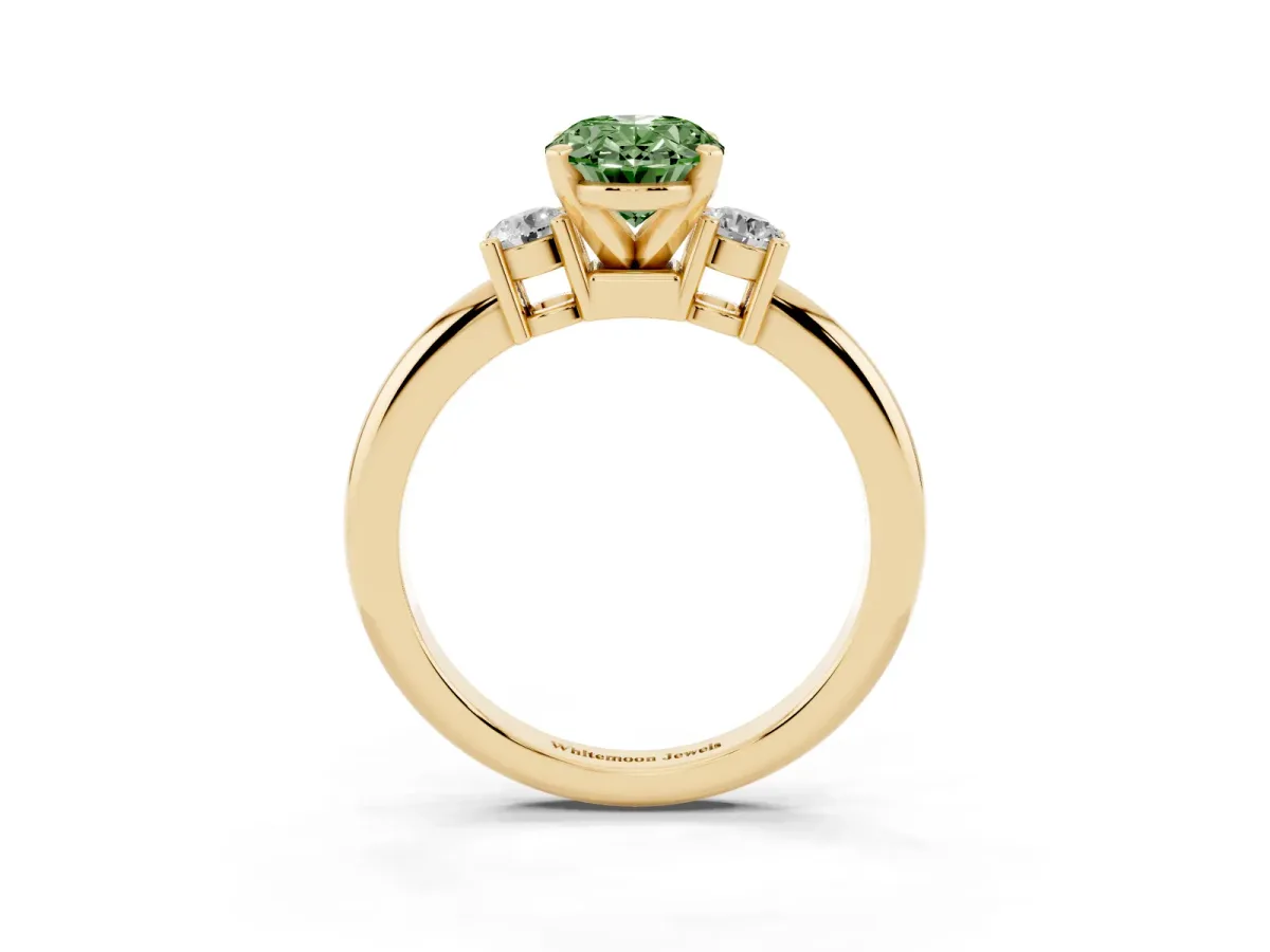 Fancy Green Three-Stone Oval Cut Cut Diamond Solitaire with Prong Setting and Classic Band Yellow gold