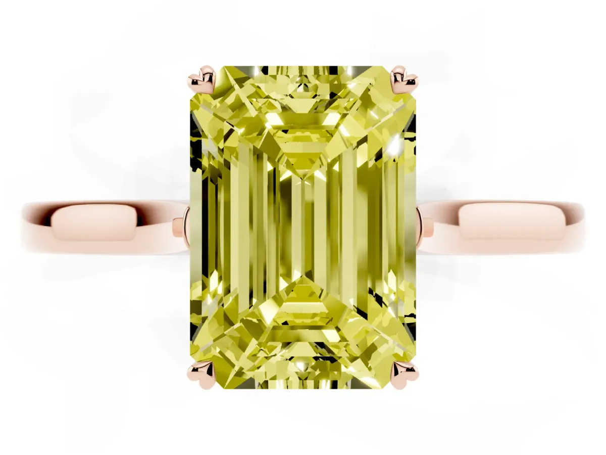 Fancy Yellow Emerald Cut Solitaire Heart Prong Engagement Ring with Tapered Band Rose gold