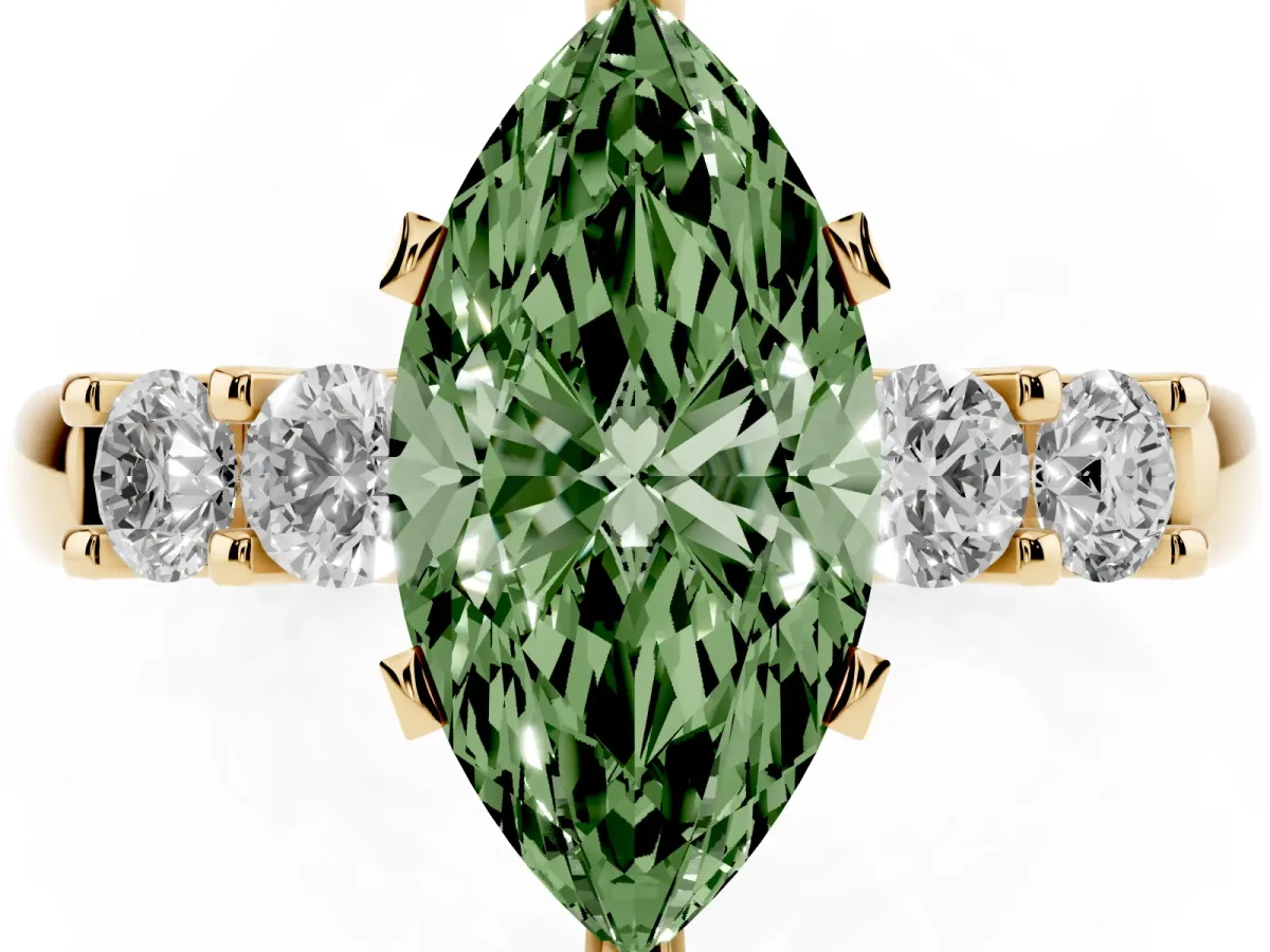 Fancy Green Marquise Cut Brilliant Cut Diamond Five-Stone Prong Set Engagement Ring with Channel Band Yellow gold