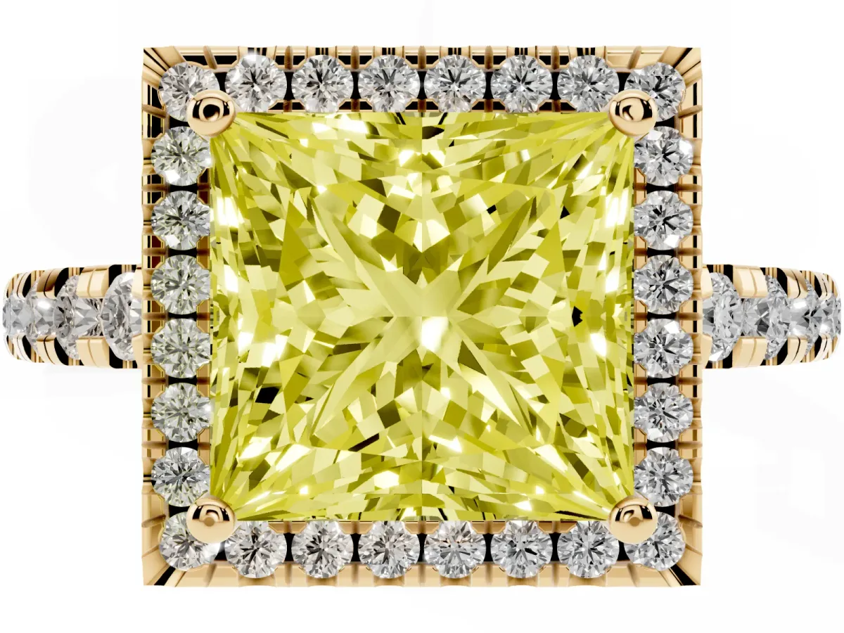 Fancy Yellow Princess Cut Diamond Halo Ring with Pavé Band and Four-Prong Setting Yellow gold