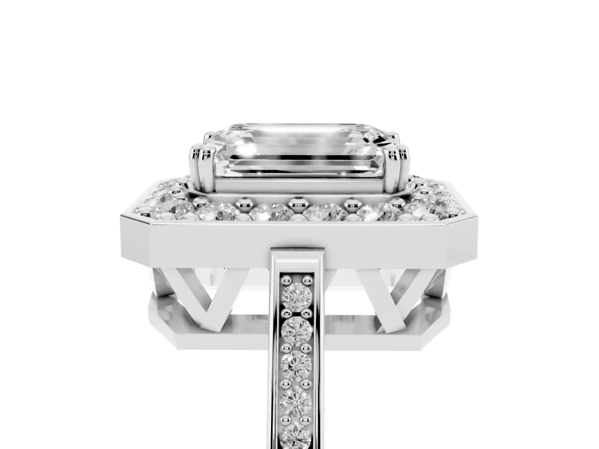 Emerald Cut Diamond Halo Ring with Split Shank and Four-Prong Setting Silver