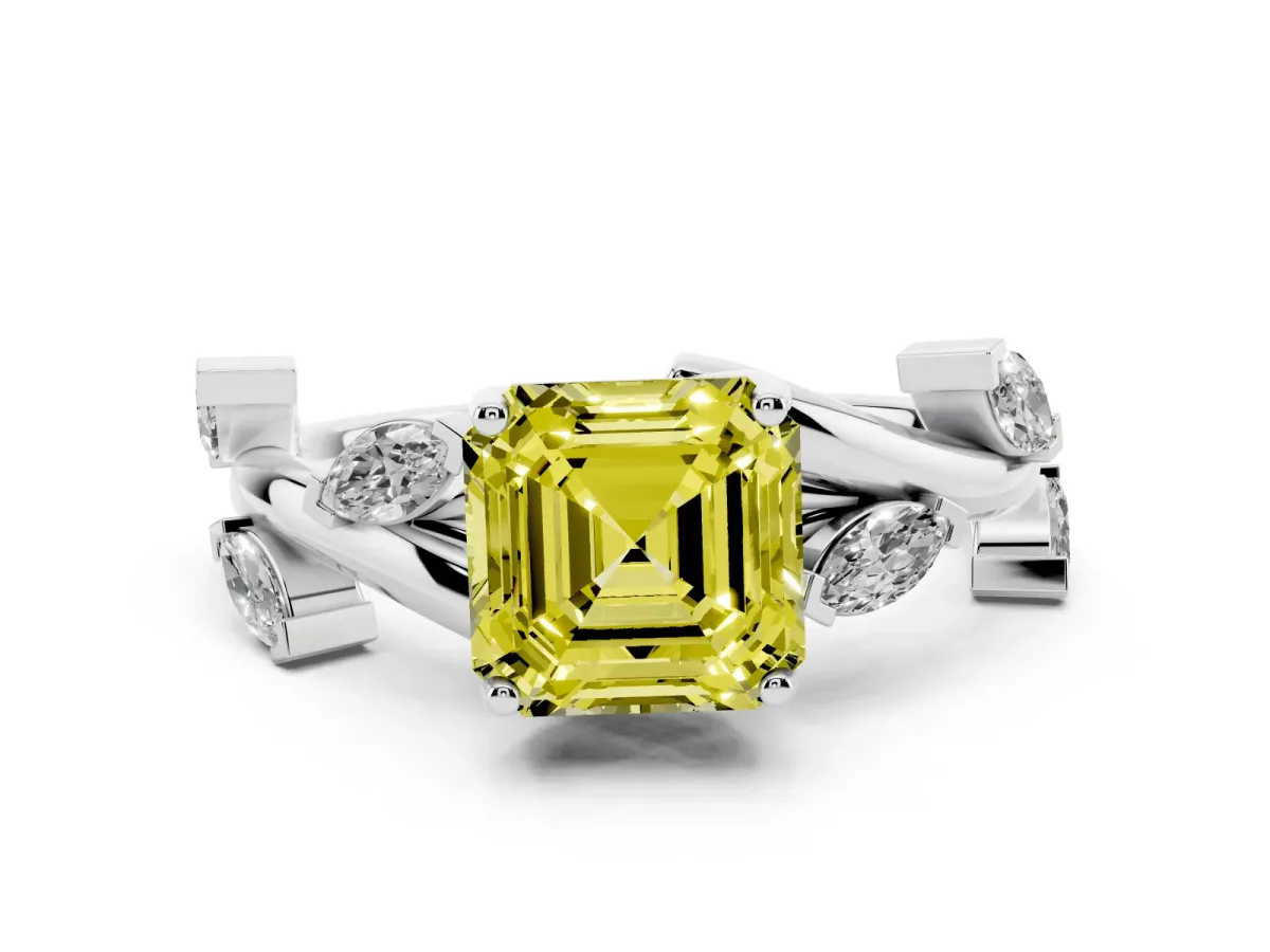 Fancy Yellow Asscher Cut Solitaire Twisted Band Marquise Accent Prong Setting Ring Platinum
