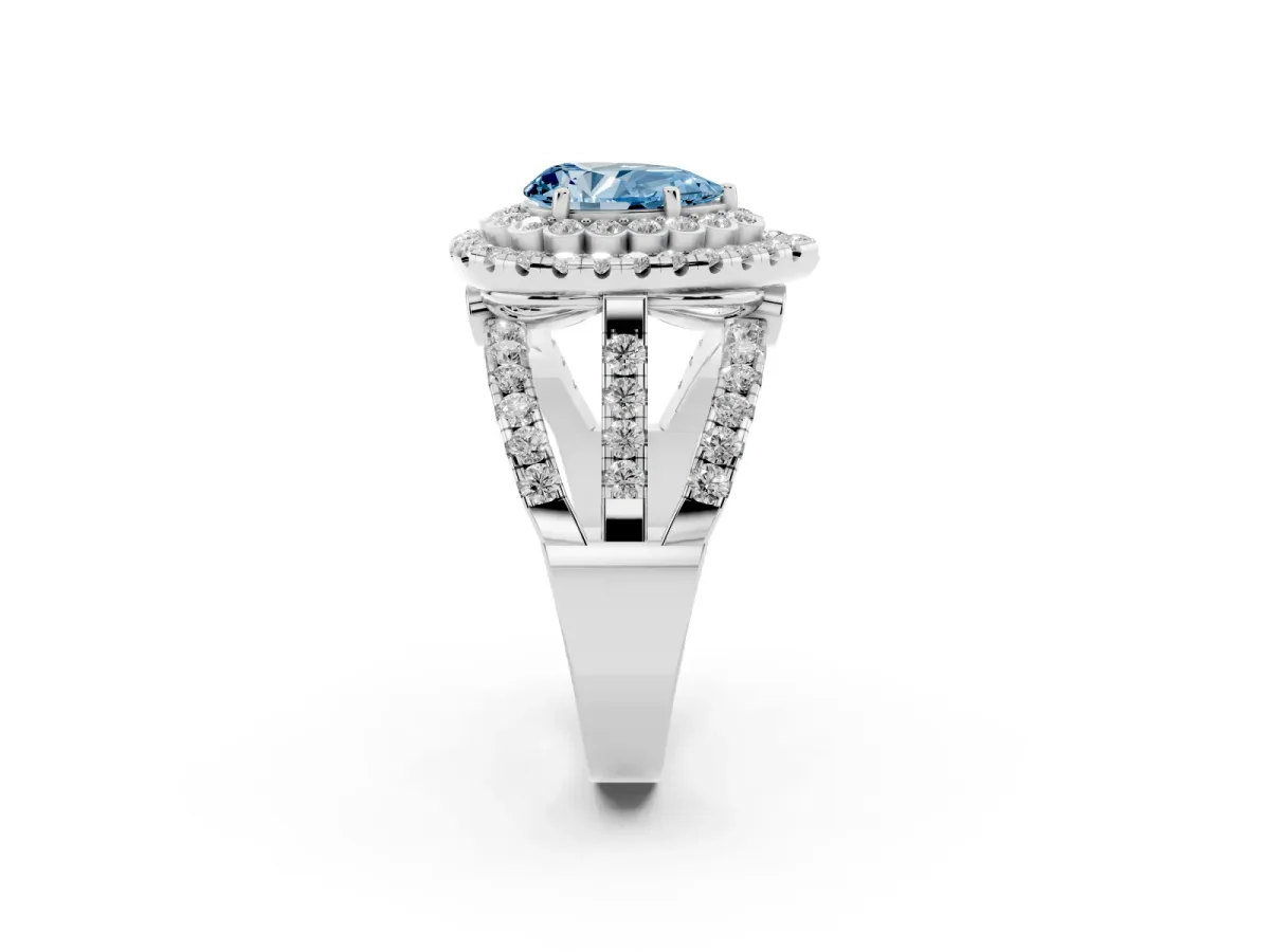 Fancy Blue Pear Cut Diamond Double Halo Ring with Round Pavé Split Shank and Prong Setting Silver