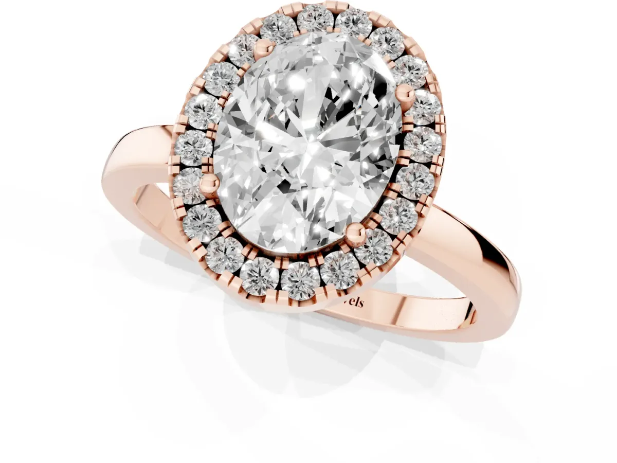 Oval Cut Halo Diamond Solitaire with Pavé Band and Four-Prong Setting Rose gold