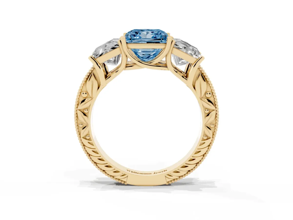 Fancy Blue Three-Stone Princess Cut Cut Milgrain Pavé Engagement Ring Yellow gold