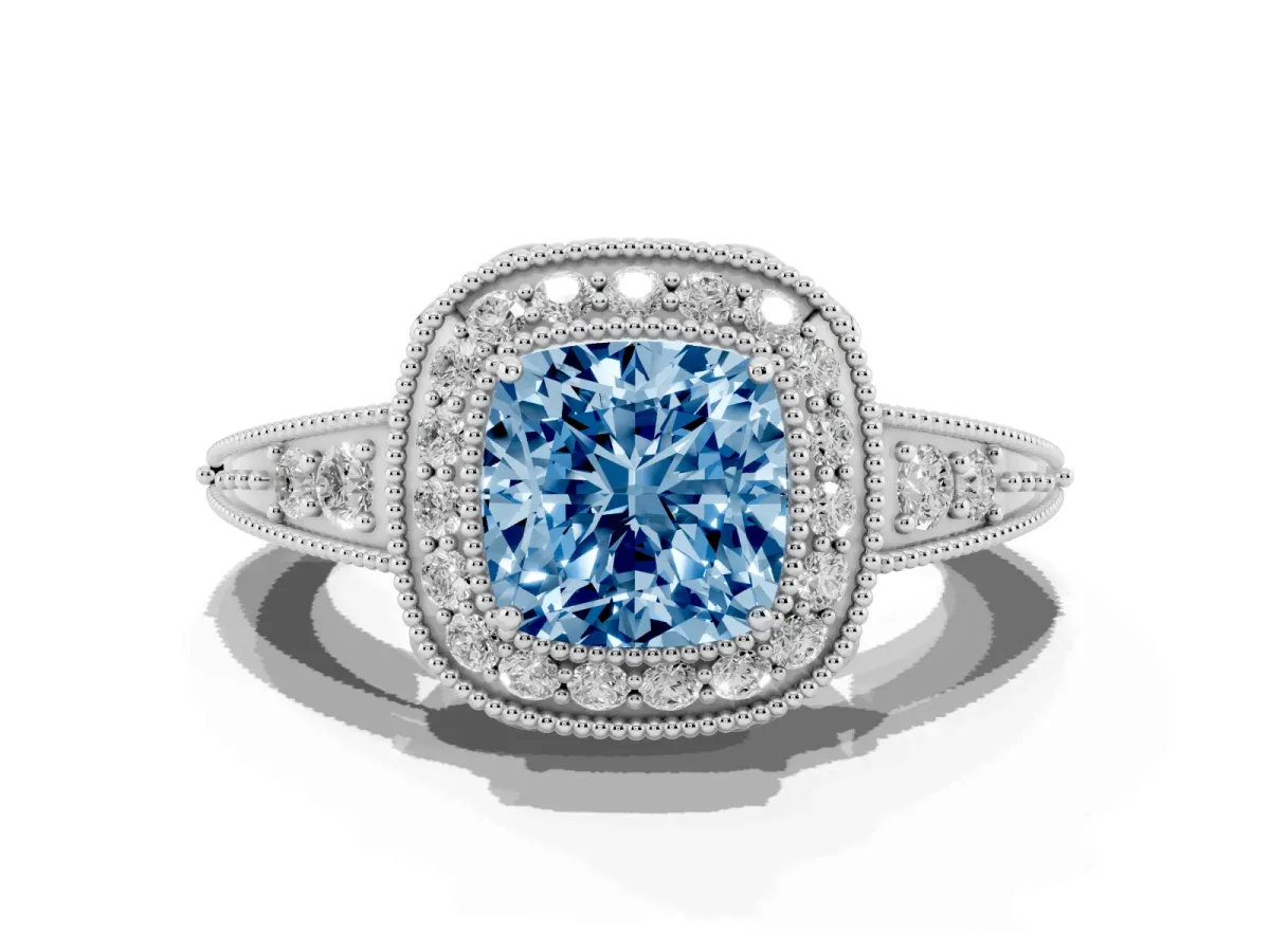 Fancy Blue Cushion Cut Halo Diamond Split Shank Ring with Milgrain Detail Silver