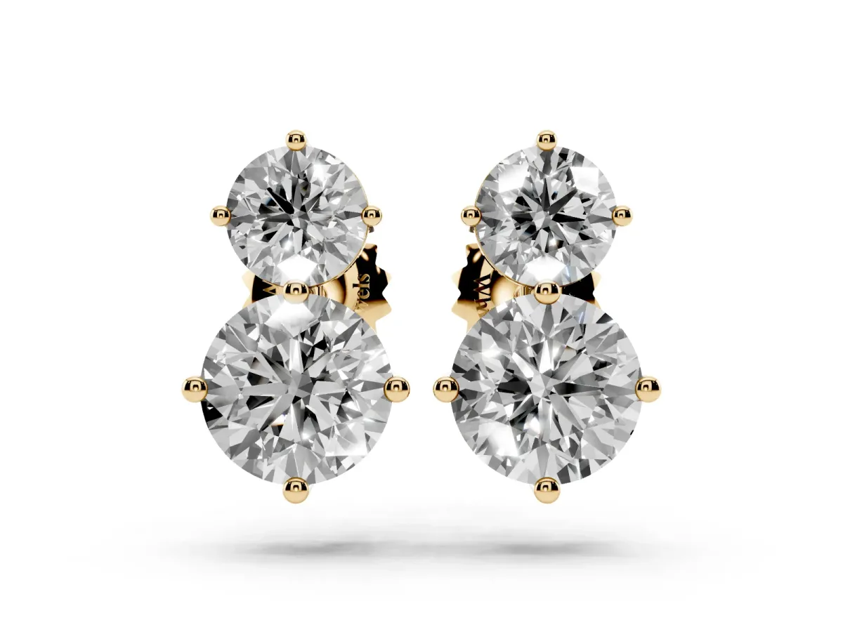Round Cut Diamond Two Stone Stud Earrings Yellow gold