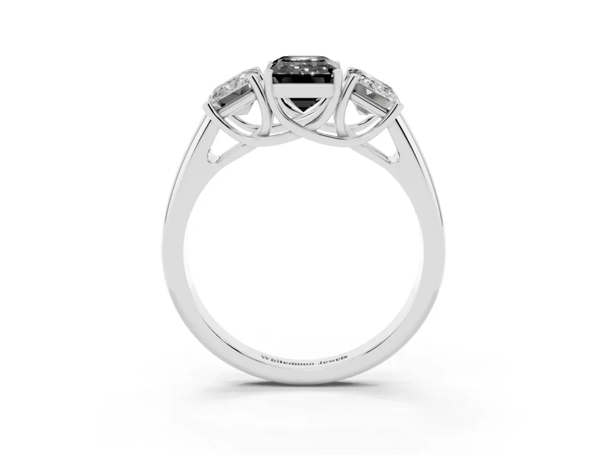 Fancy Black Three-Stone Emerald Cut Diamond Engagement Ring with Prong Setting Silver