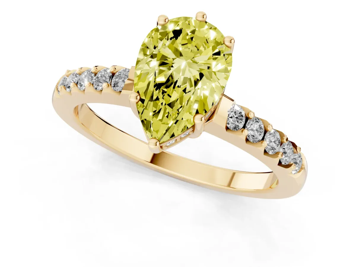 Fancy Yellow Pear Cut Solitaire Diamond Engagement Ring with Pavé Band and Six-Prong Setting Yellow gold