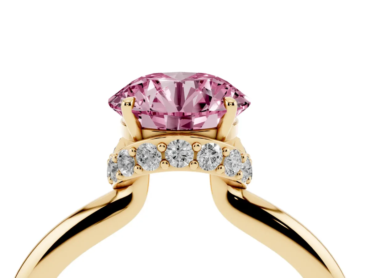 Fancy Pink Round Cut Brilliant Solitaire Engagement Ring with Six-Prong Setting and Classic Band Yellow gold