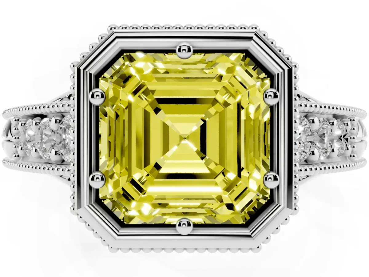 Fancy Yellow Bezel Set Asscher Cut Diamond Milgrain Pave Engagement Ring Platinum