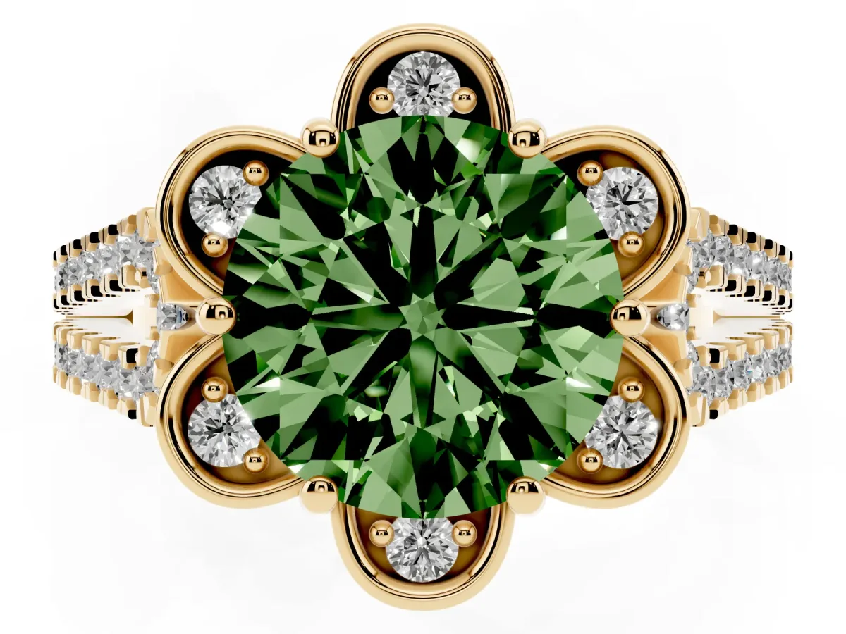 Fancy Green Round Cut Halo Diamond Floral Split Shank Engagement Ring Yellow gold