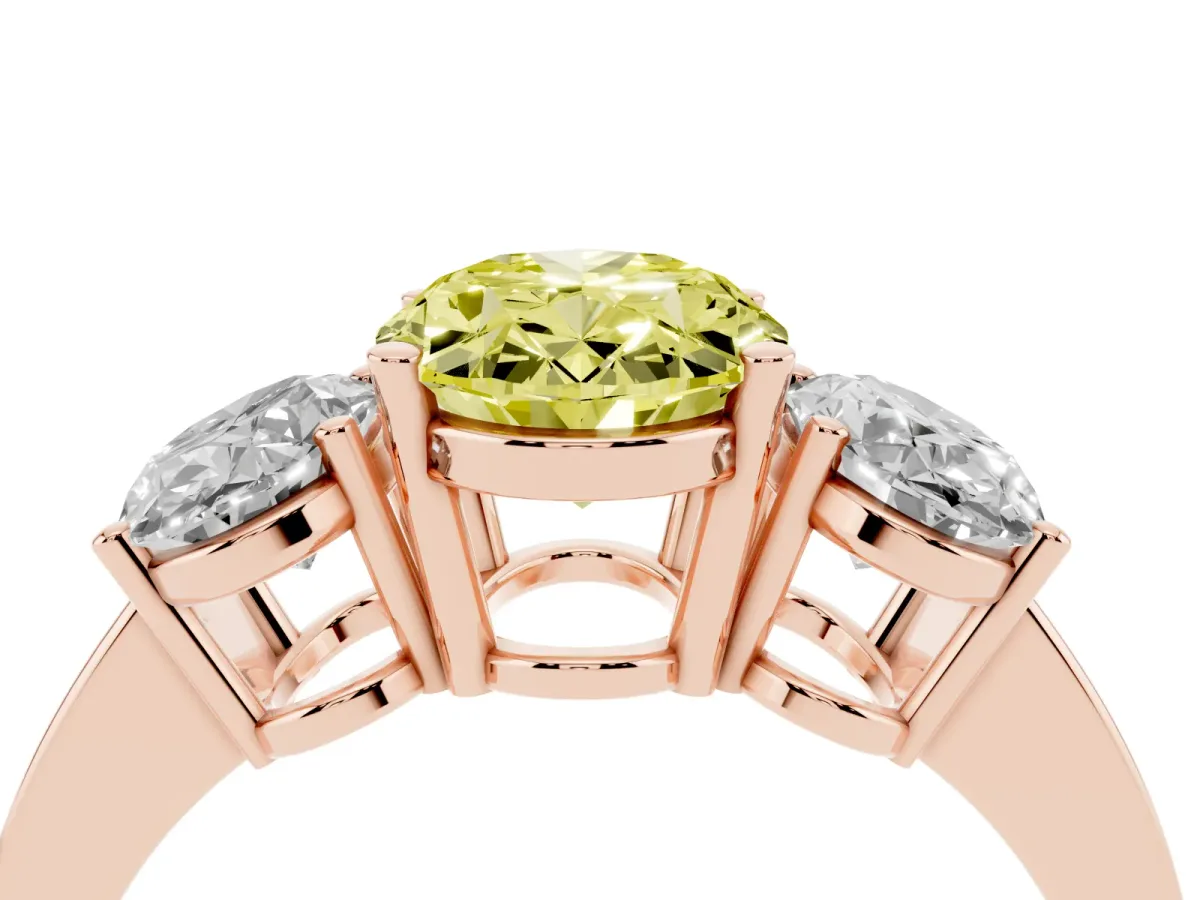 Fancy Yellow Three-Stone Oval Cut Cut Diamond Engagement Ring with Flat Band and Four-Prong Setting Rose gold