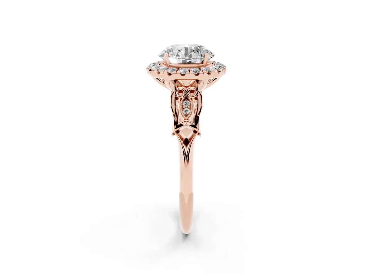 Round Cut Halo Diamond Engagement Ring with Filigree Band and Four-Prong Setting Rose gold