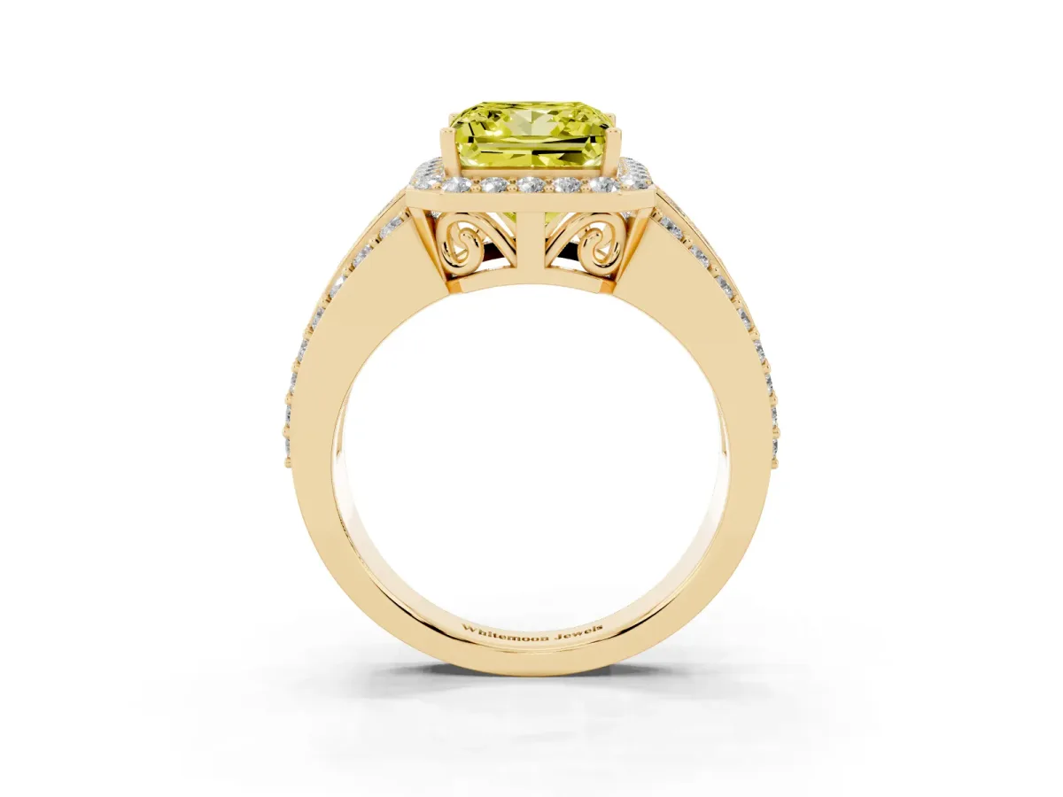 Fancy Yellow Princess Cut Halo Diamond Ring with Round Split Shank and Prong Setting Yellow gold