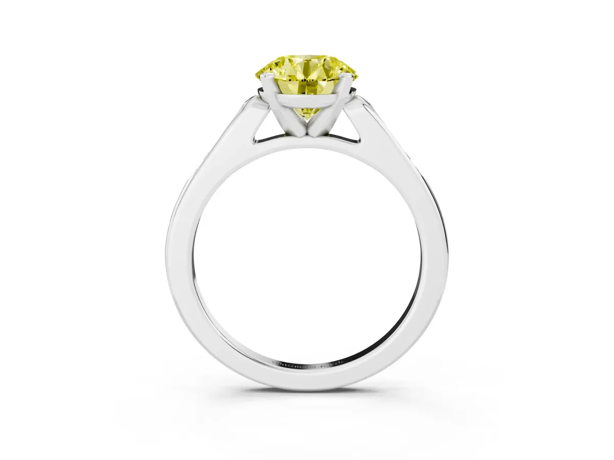 Fancy Yellow Round Cut Diamond Solitaire Ring with Channel Set Round Band and Prong Setting Silver