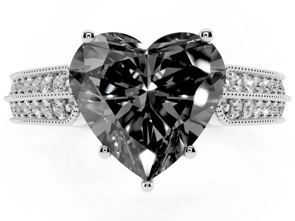 Fancy Black Heart Cut Cut Pave Split Shank Engagement Ring with Four-Prong Setting White gold