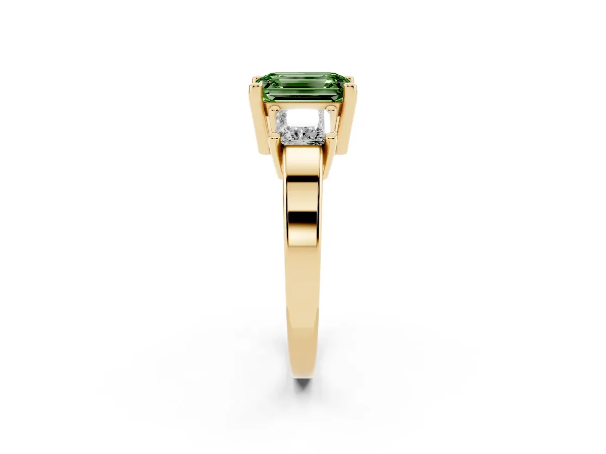 Fancy Green Three-Stone Emerald Cut Cut Solitaire Ring with Prong Setting Yellow gold