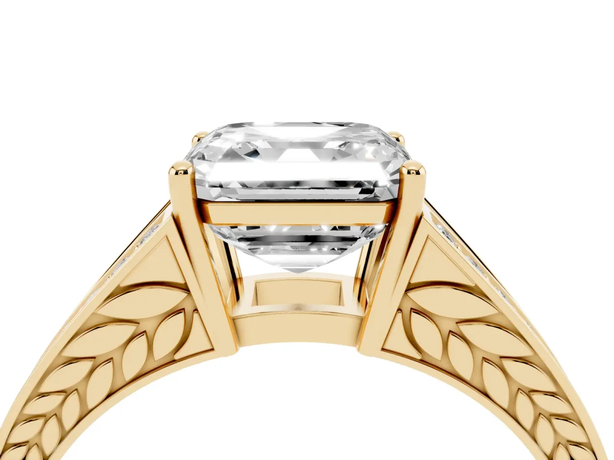 Asscher Cut Diamond Split Shank Ring with Pavé Band and Four-Prong Setting Yellow gold