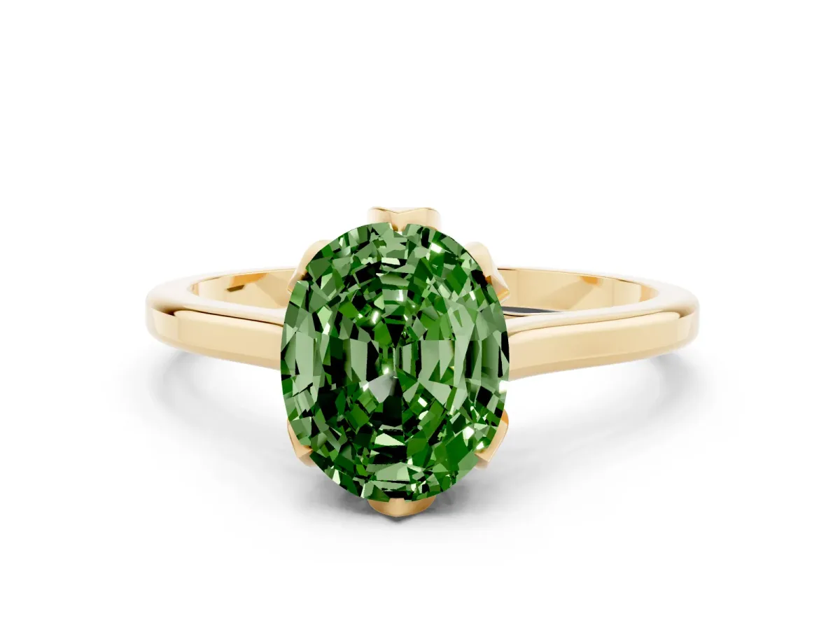 Fancy Green Oval Cut Diamond Solitaire Ring with Flower Prong Setting and Classic Band Yellow gold