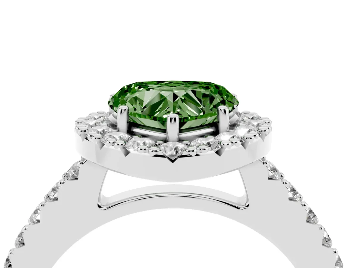 Fancy Green Heart Cut Halo Diamond Pavé Solitaire Ring Silver