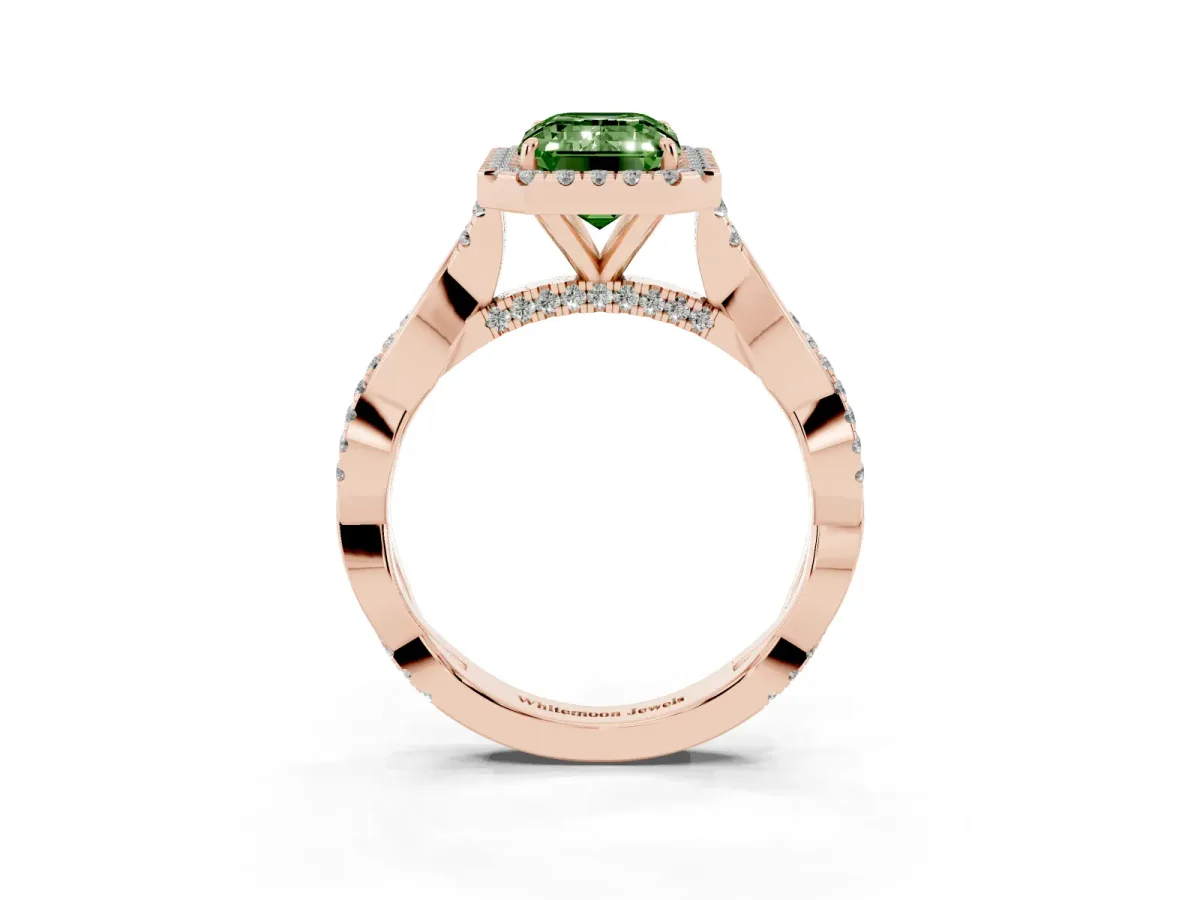 Fancy Green Emerald Cut Halo Twist Band Solitaire Ring Rose gold